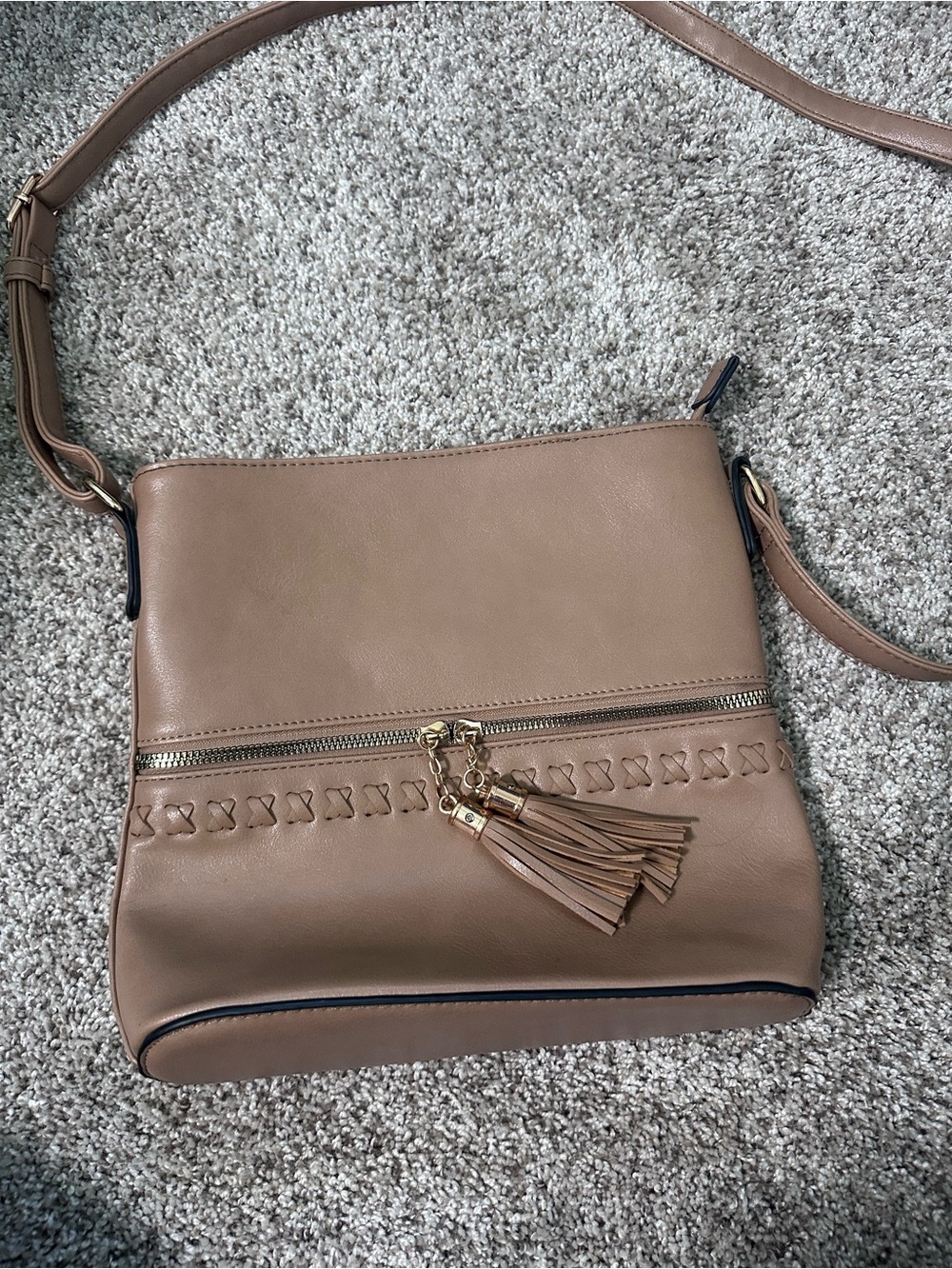 Classic Tan Crossbody Bag with Tassel Accent